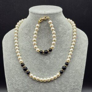 Vintage Classic Napier Faux Pearl & Black Bead 19" Necklace and 7" Bracelet Set